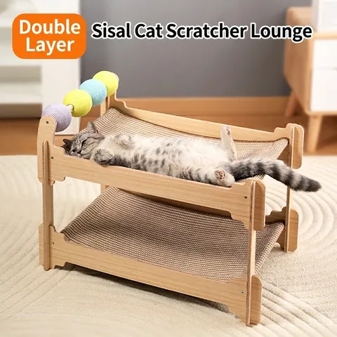 Multilayer Cat Scratcher Bed Solid Wood Frame Natural Sisal And Breathable Fabric Grinding Claw Lounge Chair With Hanging Toy Balls For Cats