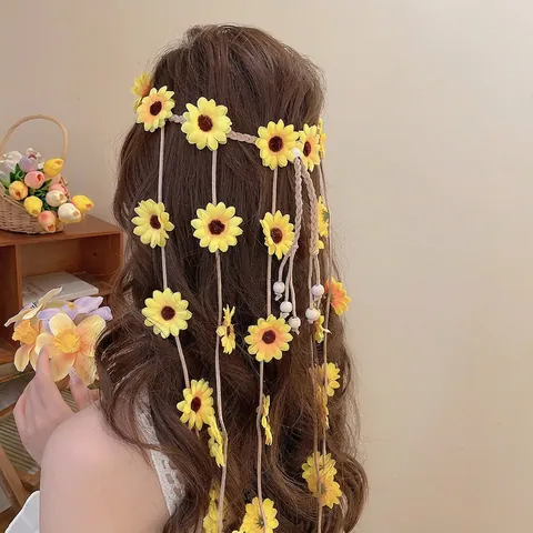 Diadema De Plumas Bohemias Cinta Para El Pelo Girasol Con Cuentas De Madera Pluma Natural Borla Larga Estilo Étnico