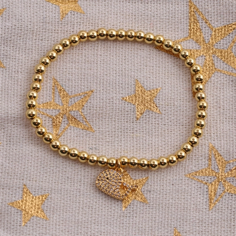 Pulsera De Cuentas Elástica Con Colgante De Cola De Ballena Cobre Cuentas Doradas Perla Artificial De Concha Micro Pavé Zircón