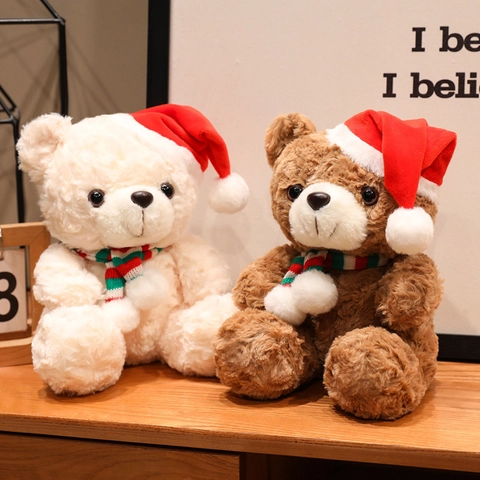 Weihnachten Teddybär Plüschtier Mit Roter Mütze Und Gestreiftem Schal Weiches Stofftier Feiertagsgeschenk Dekoration