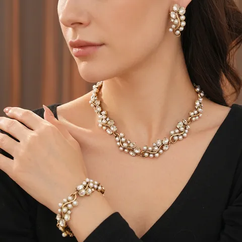 Gioielli Vintage Collana Bracciale Orecchini Con Künstliche Perle Di Imitazione Strass Lega Silver Earring Post Donna Retro