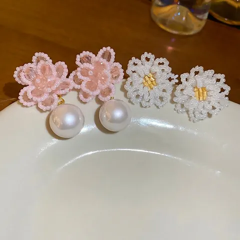 Elegant Floral Cluster Stud Earrings With Faux Artificial Pearl Dangle Handcrafted Seed Beads And 925 Sterling Silver Earring Post