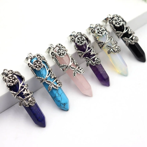 Natural Gemstone Hexagonal Column Pillar Pendant Necklace Vintage Alloy Flower Wrap Bohemian Healing Crystal Jewelry For Women