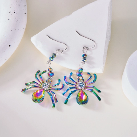 Orecchini Pendenti Ragno Iridescente Lega Con Strass Bianchi Pietra Preziosa Artificiale Colorata Halloween Gotico Donna