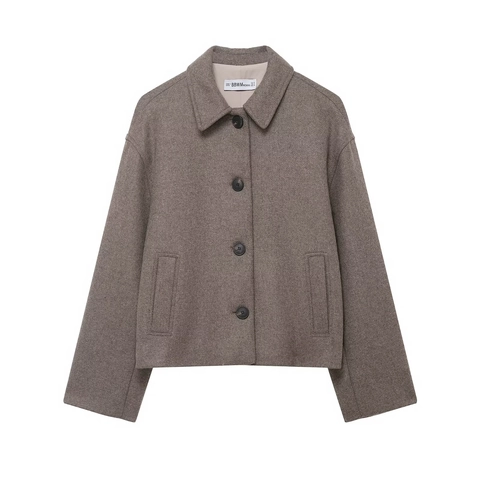 Short Wool Blend Jacket Women Single Breasted Lapel Collar Long Sleeve Casual Solid Outerwear Coat