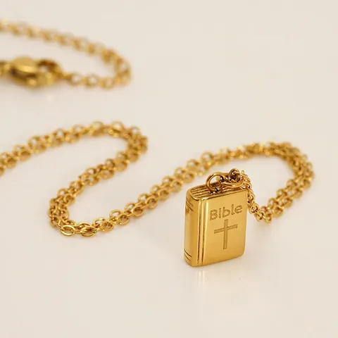 Bibel Anhänger Halskette 18K Vergoldet 304 Edelstahl Buch Religiöser Kreuz Schmuck Für Damen Herren
