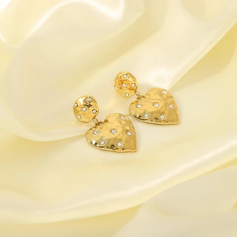 Orecchini A Pendente Cuore Acciaio Inossidabile Placcato Oro 18K Trama Martellata Retro Vintage Zircone Moda Donna
