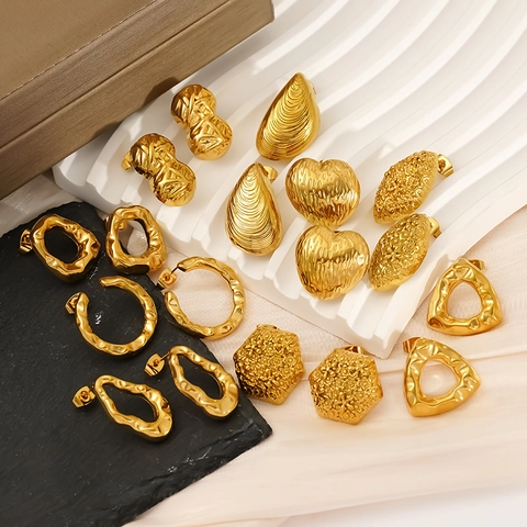 18K Vergulde 304 Roestvrijstalen Oorbellen Geometrische Gehamerde Uitgeholde Sieraden Voor Dames Waterdicht Hypoallergeen