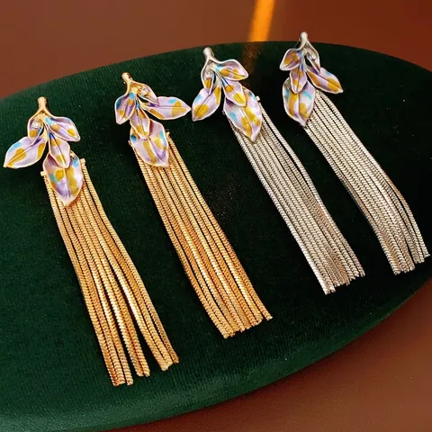 Pendientes Largos De Borla Con Hoja Vintage Con Esmalte De Color Y Poste De Plata Para Mujer Joyería Lujo