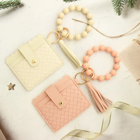 Woven PU Leather Card Holder Keychain Set Silicone Beaded Wristlet Bracelet With Rhinestone Tassel For Women Daily Use