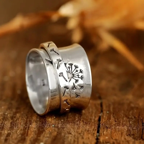 Vintage Punk Spinner Ring Alloy Dandelion Carved Wide Band Stress Relief Meditation Jewelry For Women