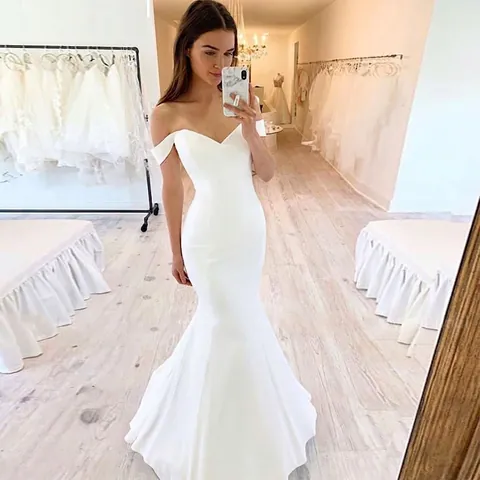 Elegant Off Shoulder Satin Wedding Dress V Neck Mermaid Tail Formal Bridal Gown For Women