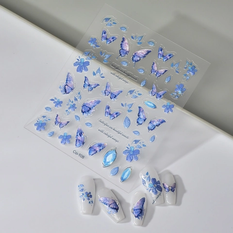 5D Embossed Nail Art Stickers Butterfly Flower Blue Purple Gradient Relief DIY Manicure Decor Waterproof
