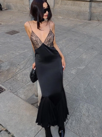 Abito Lungo Nero In Pizzo Sexy Raso Sirena Scollo A V Senza Maniche Abito Da Sera Aderente Per Donna