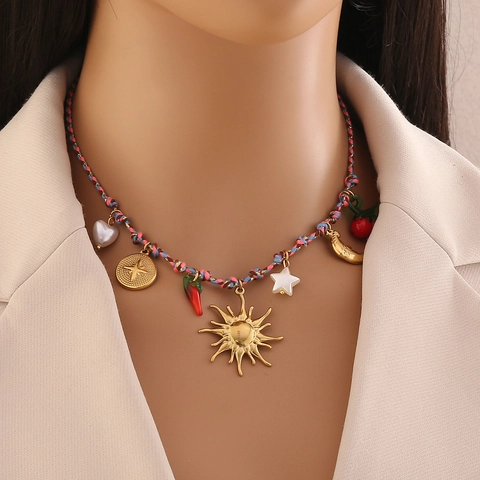 Collar Colgante Bohemio Acero Inoxidable Cuerda Trenzada De Nailon Multi Dijes Tortuga Marina Estrella De Mar Joyas Playa