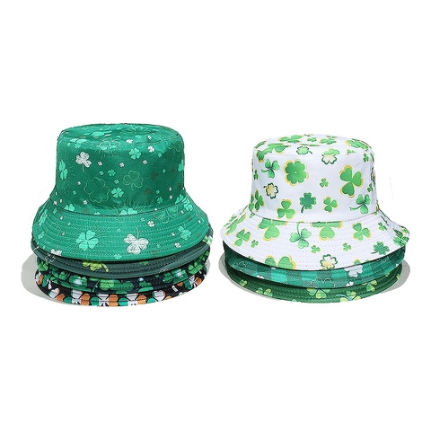 St Patrick's Day Shamrock Clover Print Bucket Hat Polyester Sun Protection Festival Accessory For Women And Men