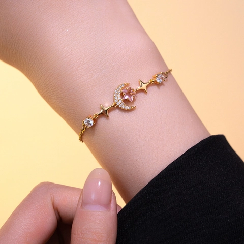 Pulsera De Estrella Y Luna De Acero Inoxidable Con Cristal Rosa Circonitas Joyería Ajustable Amuleto Elegante Para Mujer