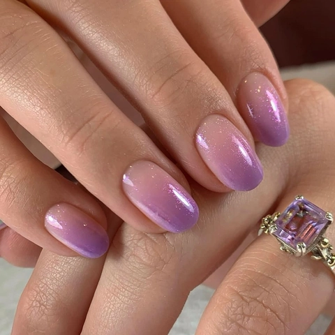 Purple Gradient Press On Nails Short Round Ombre Glitter Shimmer Fake Nail Tips Women Minimalist French Style