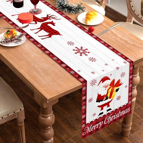 Christmas Table Runner Polyester Santa Claus Reindeer Plaid Snowflake Merry Christmas Festive Holiday Dining Decor