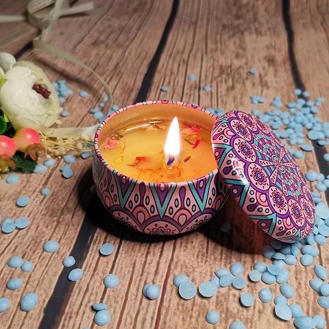 Scented Candle Soy Wax Tin Jar With Dried Flower Petals For Home Fragrance Bohemian Mandala Pattern Artistic Gift