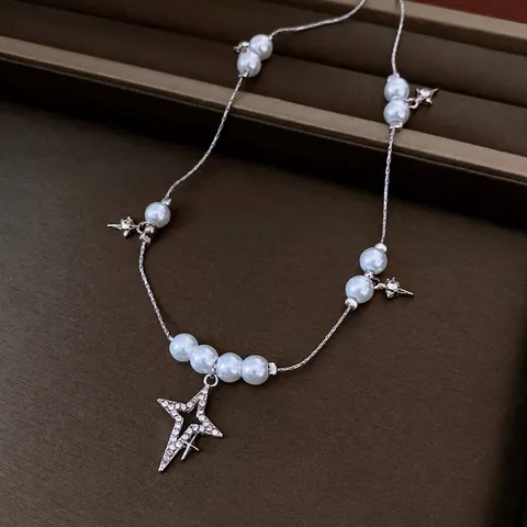 Vintage Faux Artificial Pearl Necklace With Copper Planet Star Pendant Rhinestone Accent Elegant Jewelry For Women Silver Color