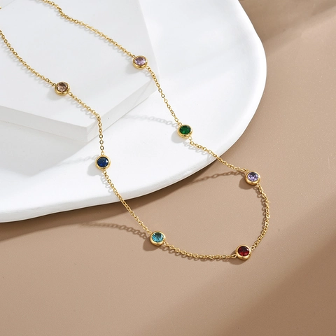 Titanium Steel Gold Plated Multicolor Round Rhinestone Bracelet Necklace For Women Sweet Exquisite Jewelry Gift
