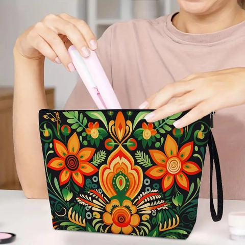 Folk Floral Makeup Bag Fine Linen Zipper Toiletry Pouch With Portable Wrist Strap For Travel Storage Ethnic Pattern
