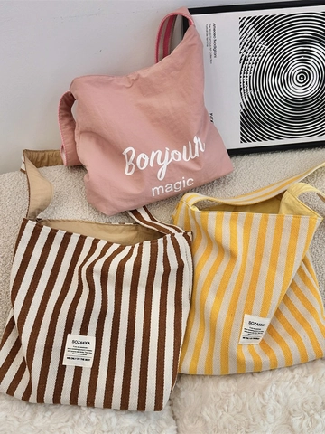 Sac À Épaule En Toile Rayée Pour Femmes Grand Sac Fourre-Tout Souple Pour Shopping Quotidien Style De Rue