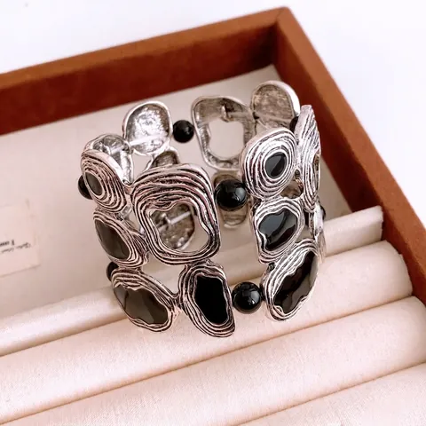 Vintage Alloy Wide Bracelet Irregular Wrinkle Texture Geometric Enamel Beads Retro Bohemian Bangle Hand Jewelry For Women