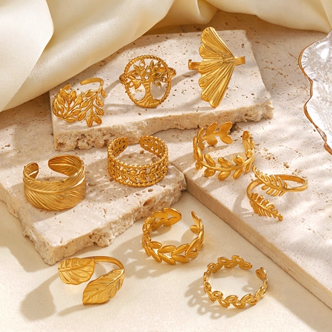 Blad Ringen 18K Verguld Roestvrij Staal Verstelbaar Open Ontwerp Levensboom Veer Ginkgo Sieraden Voor Dames
