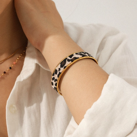 Leopard Muster Schmuck Offenes Armband Und Ring 18K Vergoldeter Edelstahl Retro Vintage Tiermuster Für Damen