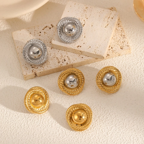 Runde Ohrstecker Edelstahl 18K Vergoldet Seiltextur Gedrehter Rand Geometrisch Vintage Trendy Für Frauen