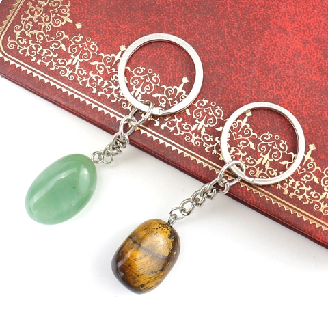 Natural Stone Irregular Agate Crystal Keychain Pendant Polished Gemstone Bag Charm Metal Keyring Amethyst Tiger Eye Jewelry