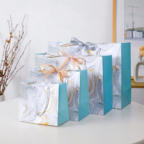Marble Pattern Paper Gift Bag With Ribbon Bow And Handle Elegant Cardboard Packaging For Birthday Wedding Party