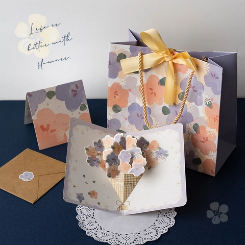 Handmade 3D Pop Up Flower Bouquet Greeting Card With Envelope And Sticker Paper Floral Blessing For Birthday Mothers Day