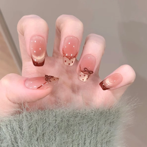 French Bow Press On Nails Cat Eye Polka Dot Gradient Pink Sweet Style Artificial Fake Nails For Women DIY Manicure