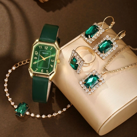 Fashion Square Quartz Watch For Women With PU Leather Strap Rhinestone Jewelry Necklace Earrings Ring Bracelet Set Business Casual Luxury Gift