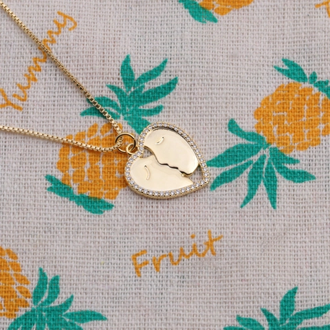 Heart Pendant Necklace Copper Gold Plated Kissing Profiles Zircon Border Box Chain Romantic Valentine Gift