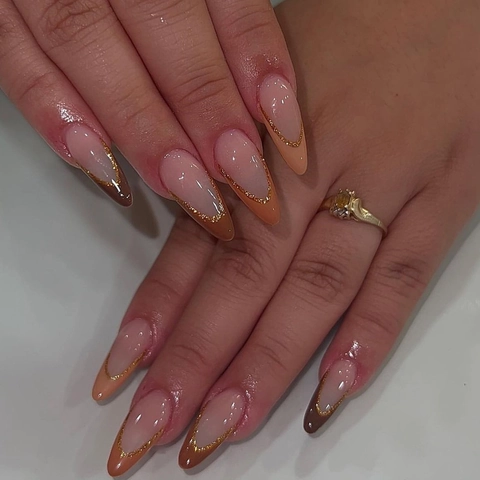 Almond Press On Nails French Maillard Coffee Brown Gradient Gold Glitter Edged Elegant Fashionable Manicure Women
