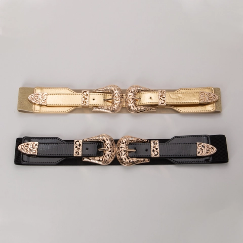 Cintura a Corsetto Elastica Larga con Doppia Fibbia Intagliata Retro per Donna in Similpelle Lega Stile Barocco Vintage