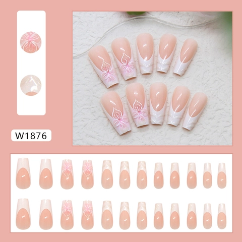 Französisch Nude Rosa Künstliche Nägel Mittellang Coffin Fake Nails Mit 3D Relief Blumen Design Ballerina Damen Nägel
