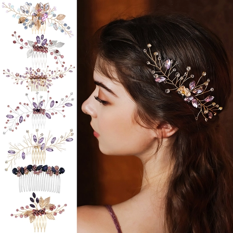 Pettine Capelli Sposa Cristallo Rhinestone Fiore Foglia Fatto A Mano Accessori Capelli Per Donna Retro Copricapo Banchetto