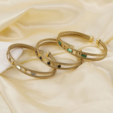 Double Layer Twisted Cable Bangle Stainless Steel Gold Plated Rhinestone Inlaid Open Bracelet For Women Luxury Jewelry