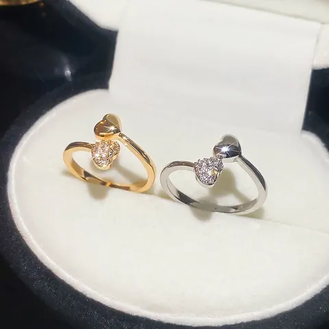 Anillo Abierto De Doble Corazón Cobre Circonita Joyería De Dedo Ajustable Para Mujeres Elegante Retro Moda Color Oro Plata