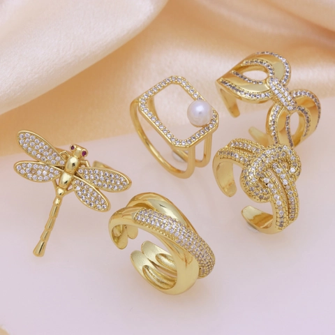 18 Karat Vergoldet Kupfer Zirkonia Offener Ring Für Damen Verstellbar Geometrische Libelle Perle Schleife Knoten Mode Nischenring