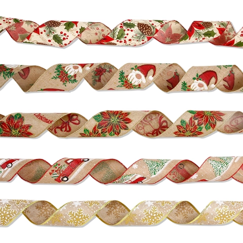 Cinta Estampada de Navidad Efecto Lino Cinta Decorativa Con Alambre Con Diseño De Copo De Nieve Gnomo Piña Camión Para Envolver Regalos Decoración De Fiesta