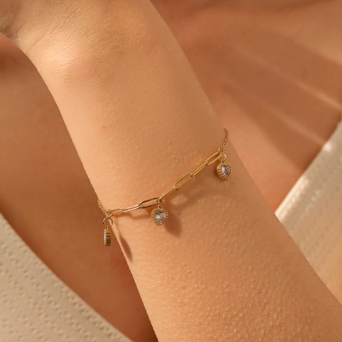 Heart Charm Bracelet Stainless Steel 18K Gold Plated Zircon Enamel Dainty Elegant Jewelry For Women