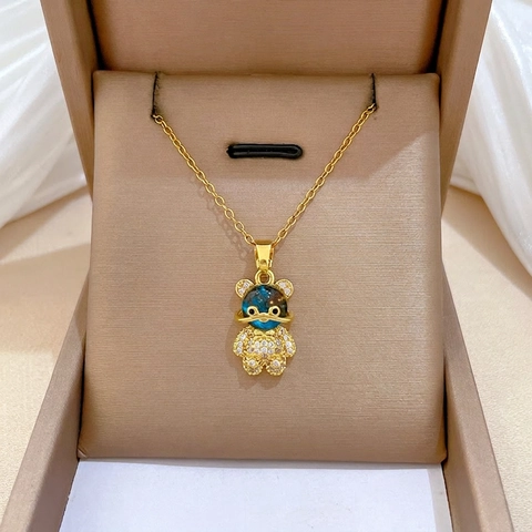 Stereoscopic Cartoon Bear Pendant Necklace Titanium Steel Chain Copper Micro Inlaid Zircon Starry Sky Planet Jewelry