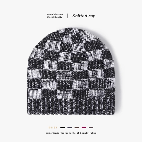 Unisex Checkerboard Knitted Beanie Hat Fleece Lined Thick Warm Slouchy Skull Cap Acrylic Jacquard Brimless Winter Headwear