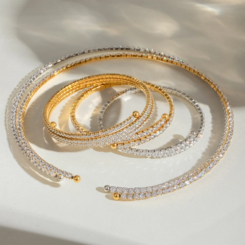 Stainless Steel Cubic Zirconia Bracelet Choker Necklace Waterproof Hypoallergenic Luxury Open Cuff Minimalist Jewelry